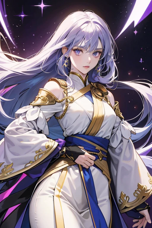 sHe has long pale blue asymmetrical shoulder-length hair, pale skin, and light purple eyes. sHe also has a small mole under the left corner of her mouth.

her attire consists of a white collared coat with long flowing sleeves, dark blue lapels, and gold trimmings decorated with a number of embellishments worn over a light purple kimono and white pants. sHe also has black and golden armor on her right shoulder, white and purple gauntlets on both arms, black gloves, and a large golden rope around her neck. Her Vision hangs on a thick golden rope around her waist on his right hip SPARKLE; GLITTER