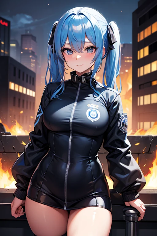 best qualityer, 1 girl, standing alone, hair blue, hair over one eye, twintails, eyes browns, armors, ssmile, (Uniforme policial sexy:1.3),Burning city background, looking ahead at viewer 