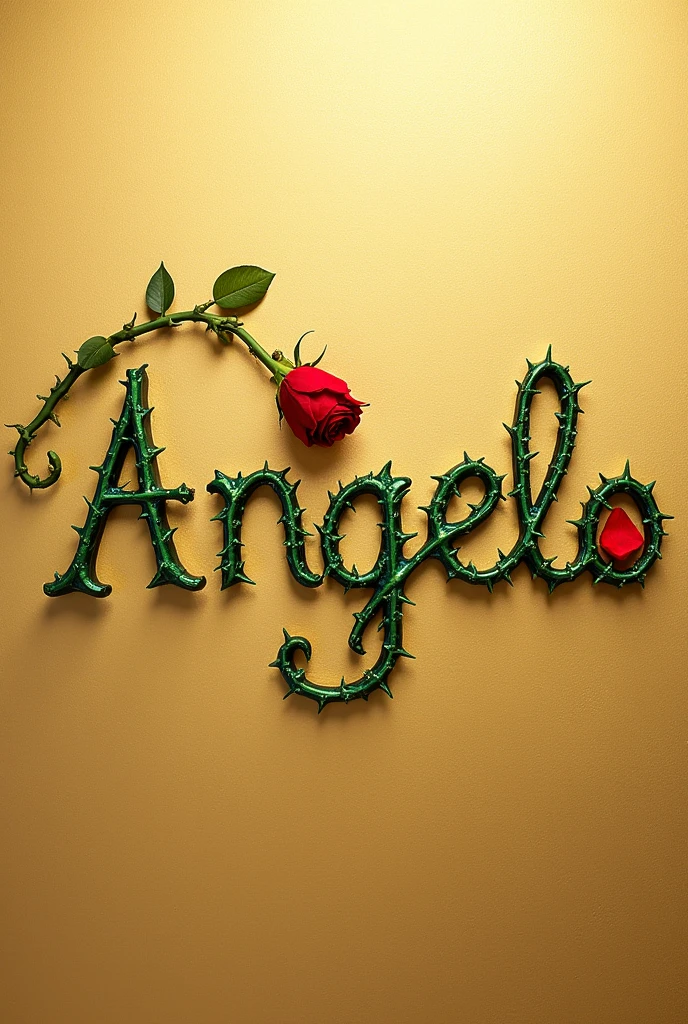 Creates an image that shows the name "Angelo" written in an elegant gold font with a green outline. The name has to be on a textured gold background. A green branch with thorns extends from the bottom of the "Â" in the name and curves above it, with a red rose in bloom at the tip. A red petal separate from the rose is also in the lower right corner of the name.
