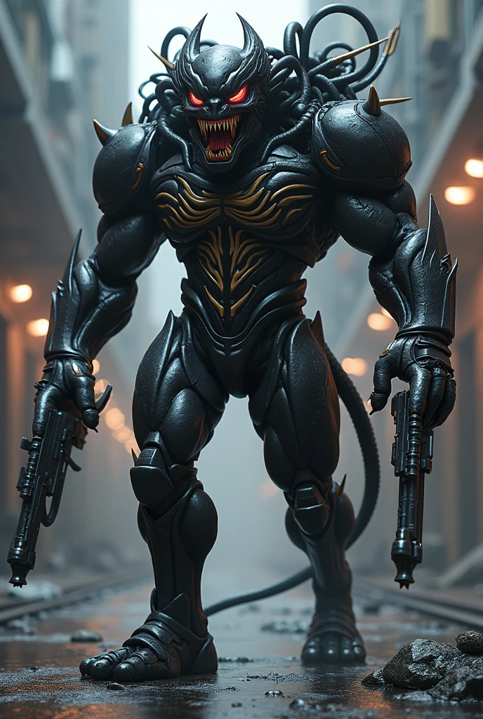 Please draw a fusion of Venom and Predator。Put futuristic weapons in both hands。Make it higher quality。The ratio of Venom to Predator is6versus4Please。Let the light shine from your eyes