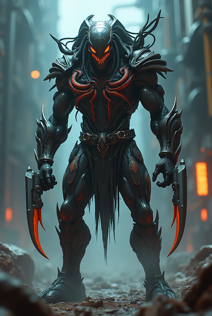 Please draw a fusion of Venom and Predator。Put futuristic weapons in both hands。Make it higher quality。The ratio of Venom to Predator is6versus4Please。Let the light shine from your eyes