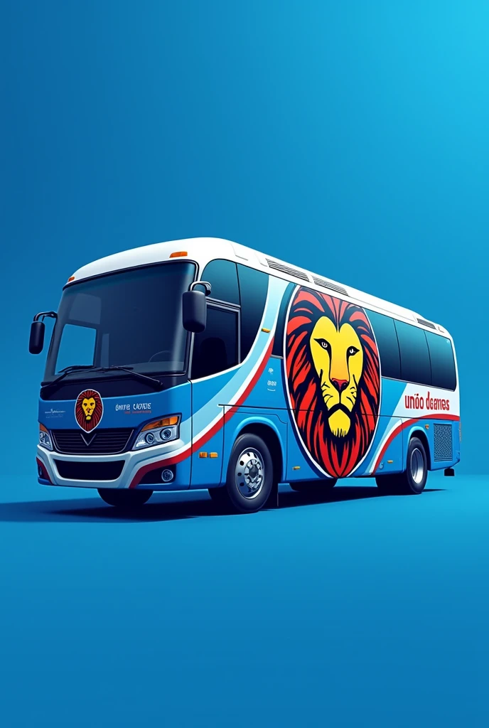 A team bus with the name União do Norte made with a lion logo with the color blue and the lion standing in 3d png