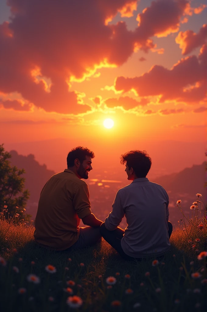 "An image of Rahul and Amit sitting together on a grassy hill, overlooking their village. They are sharing a laugh and reminiscing, with a backdrop of the sunset, symbolizing the timeless bond of their friendship."