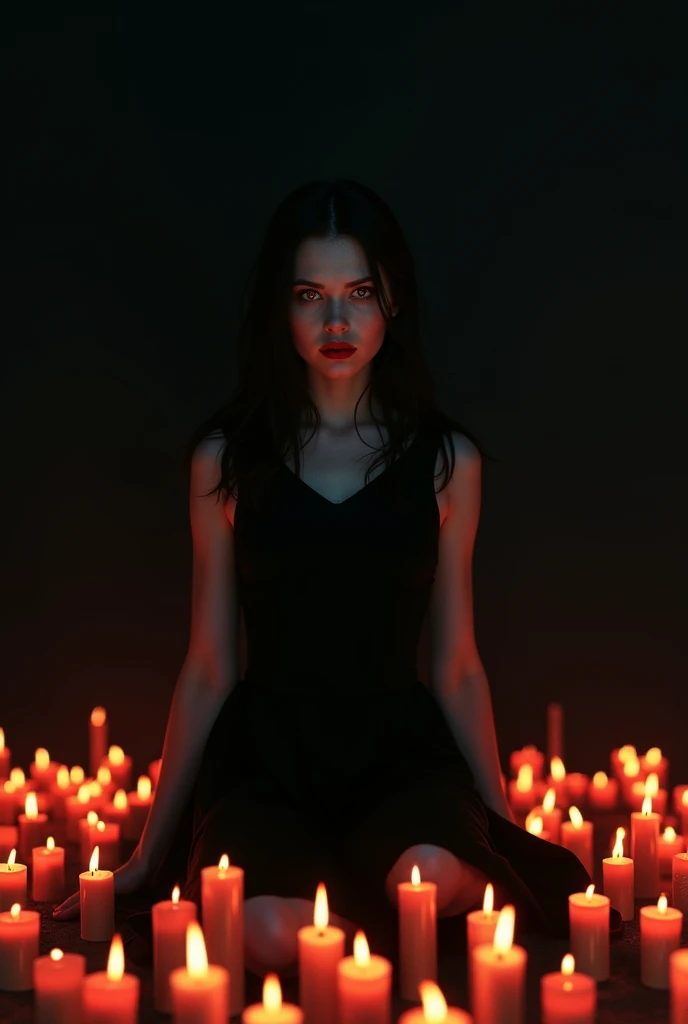 , (masterpiece:1.3), ((Highest_quality)), (Absurd), One Girl, Portraiture, Simple_background, (black_background:1.5), The floor is covered with candle flames.,blackいドレス,Red eyes, Red lips, Anxious,