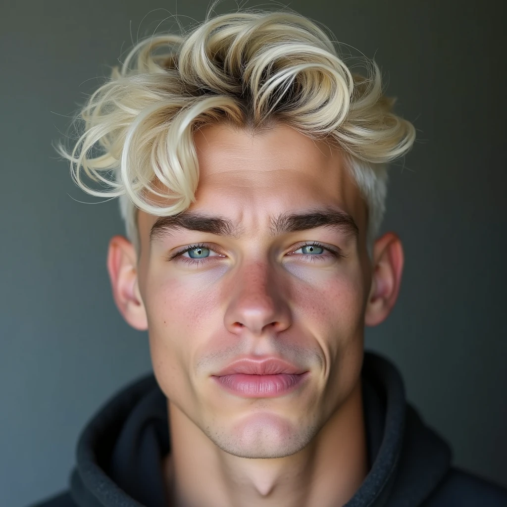 photograph head shot of an attractive 22 year-old male, Germanic-Icelandic features, short textured platinum blond hair, side swept bangs, pale skin tone, raised eyebrow smirk expression, 16k, extremely detailed skin