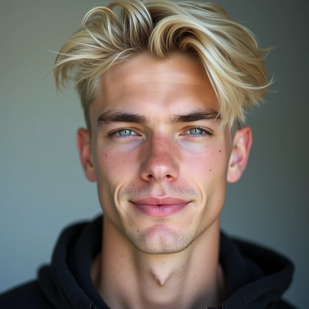 photograph head shot of an attractive 22 year-old male, Germanic-Icelandic features, short textured platinum blond hair, side swept bangs, pale skin tone, raised eyebrow smirk expression, 16k, extremely detailed skin