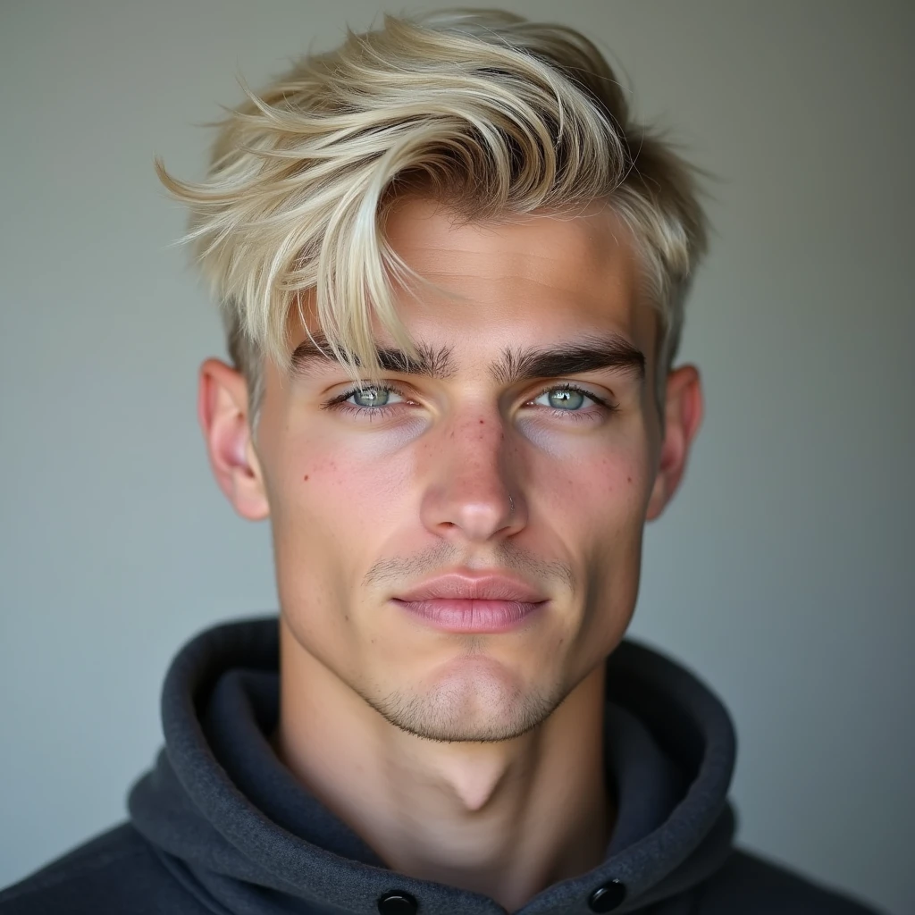 photograph head shot of an attractive 22 year-old male, Germanic-Icelandic features, short textured platinum blond hair, side swept bangs, pale skin tone, raised eyebrow smirk expression, 16k, extremely detailed skin
