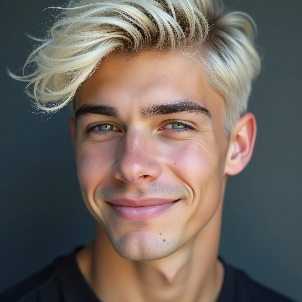 photograph head shot of an attractive 22 year-old male, Germanic-Icelandic features, short textured platinum blond hair, side swept bangs, pale skin tone, raised eyebrow smirk expression, 16k, extremely detailed skin