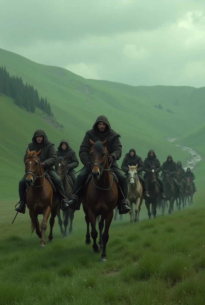 "A tense and dark scene on a green hill, where a group of seven or eight riders on horseback is approaching, their laughter becoming more distinct as they get closer. In the distance, a few Frisian horses can be seen climbing the hill, carrying men and women, some of whom are nearly nude. The women, with their torsos exposed, are in tears, contrasting with the riders' cruel laughter. One rider, at the forefront, is silent, leading the group. He signals with his hands, stopping the commotion and