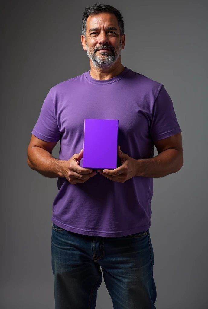 a real brazilian man standing with a purple mockup