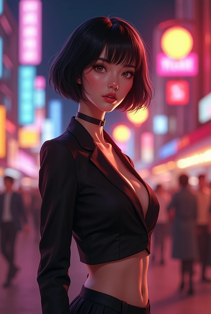 cute young woman, short black hair, Brown eyes, Empress,pleated skirt suit,street lamps,neons,bustling street background,(belly button:1.1,princess eyes), nobility, Royals, high quality, masterpiece, Very detailed