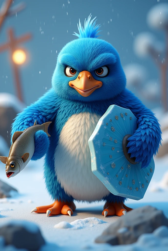 A blue penguin, from a game, 3D, looking forward diagonally with a fish in one hand and an ice shield in the other, a furious warrior