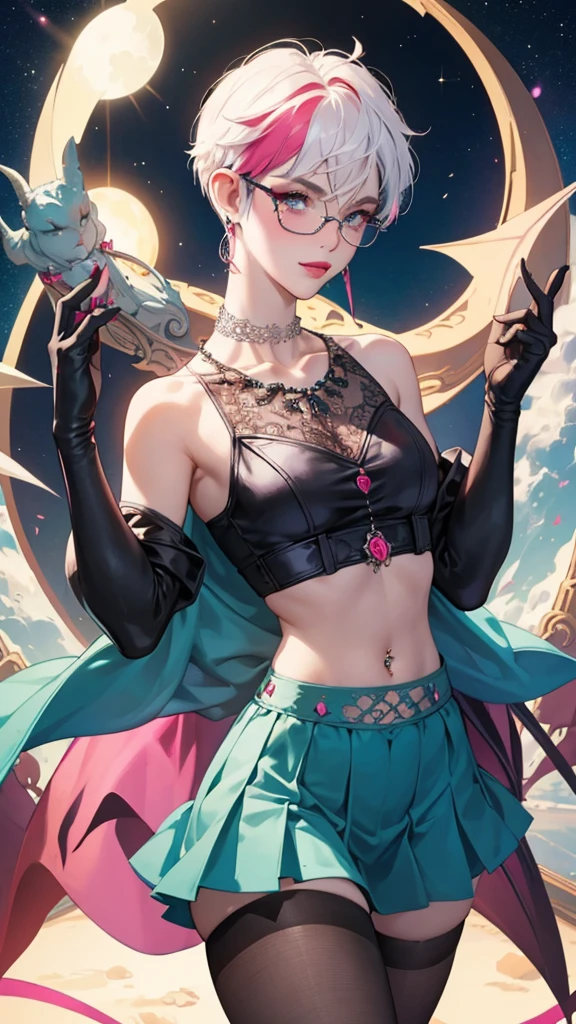 8k, masterpiece, best quality, highly detailed, 1 girl, tiefling, warlock, pixie cut, multicolored hair, very short straight hair red highlight hair on white hair, strippled hair, wearing glasses, round glasses, earrings, navel piercing, red eyeshadow, long eyelashes, blushed cheek, red lips, pearl necklace, rings, collarbone, mole on face, glamorous, teal and pink clothes, sleeveless, miniskirt, smirk, close up view, rings, looking at viewer, demon horns, solo, starry sky, pale blue moon, standing, demonic arms, chains on the background, black lace gloves, hand touching glasses.