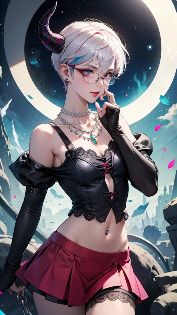 8k, masterpiece, best quality, highly detailed, 1 girl, tiefling, warlock, pixie cut, multicolored hair, very short straight hair red highlight hair on white hair, strippled hair, wearing glasses, round glasses, earrings, navel piercing, red eyeshadow, long eyelashes, blushed cheek, red lips, pearl necklace, rings, collarbone, mole on face, glamorous, teal and pink clothes, sleeveless, miniskirt, smirk, close up view, rings, looking at viewer, demon horns, solo, starry sky, pale blue moon, standing, demonic arms, chains on the background, black lace gloves, hand touching glasses.