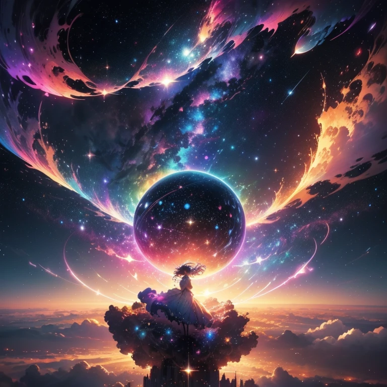 a picture taken from a digital painting of a girl in a dress, beautiful anime artwork, wearing a dress made of stars, star on dress, beautiful anime art, makoto shinkai cyril rolando, magical dress, anime fantasy illustration, anime fantasy artwork, ethereal anime, anime girl with cosmic hair, dreamlike art, cosmic skies. by makoto shinkai, anime art wallpaper 4 k High detail, Super Detalhe, super high resolution, Girl enjoying her time in the galaxy of dreams, cercado por estrelas, luz quente aspergida sobre ela, background is starry sky with colorful galaxies and clouds of galaxies, estrelas voando ao seu redor, rosto delicado, Adding playful atmosphere