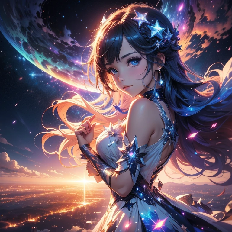 a picture taken from a digital painting of a girl in a dress, beautiful anime artwork, wearing a dress made of stars, star on dress, beautiful anime art, makoto shinkai cyril rolando, magical dress, anime fantasy illustration, anime fantasy artwork, ethereal anime, anime girl with cosmic hair, dreamlike art, cosmic skies. by makoto shinkai, anime art wallpaper 4 k High detail, Super Detalhe, super high resolution, Girl enjoying her time in the galaxy of dreams, cercado por estrelas, luz quente aspergida sobre ela, background is starry sky with colorful galaxies and clouds of galaxies, estrelas voando ao seu redor, rosto delicado, Adding playful atmosphere