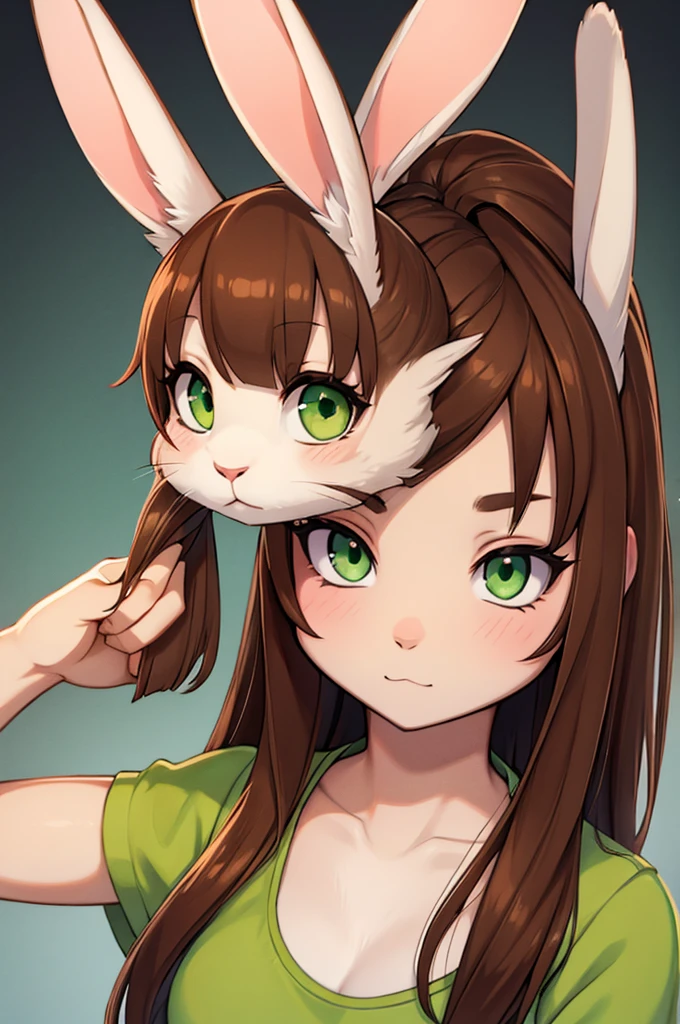 a rabbit, new, brown hair, and green eyes,
