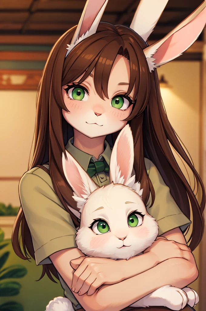 a rabbit, new, brown hair, and green eyes,