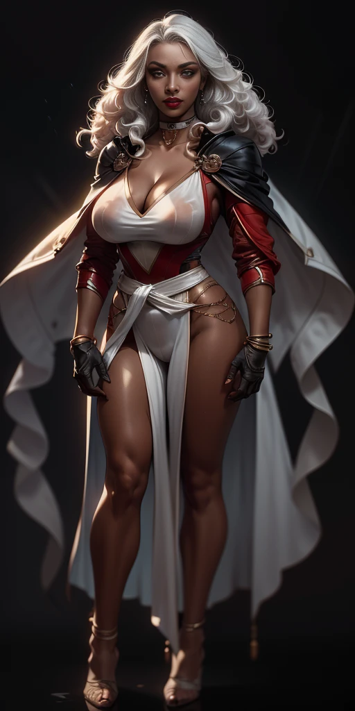 ((BLACK BACKGROUND,1:2, masterpiece)), full body MILF BIMBO standing with two long thighs and two metal sandals, red eyes, silver white hair, short bob style hair, big breasts, cleavage, snsfw, (masterpiece: 1.3), best quality: 1.4, 8k detailed unity wallpaper, high resolution, absurdities: 1.2, depth of field: 1.3, perfect lighting, cinematic shadows, highly detailed background, (super perfect head anatomy face fingers limbs arms hands legs), (super beautiful and detailed body of a wet woman, gigantic, long and sagging breasts, shiny hair, face, nose, shiny fingers, elongated eyes, skin proportion), slender: 1.5, narrow waist: 1.3, ownwaifu, long hair, white hair, big hair, curly hair, dark skin, dark skin woman, red lips, white eyes, very dark skin, lipstick, floating hair, very long hair, makeup, eyelashes, toned, jewelry, earrings, cape, bracelet, jumpsuit, gloves, superhero, choker, cool look, flying in the sky, high-tech city background, call a storm, tornado, thunder, raining, cinematic, beautiful figure, cowboy shot