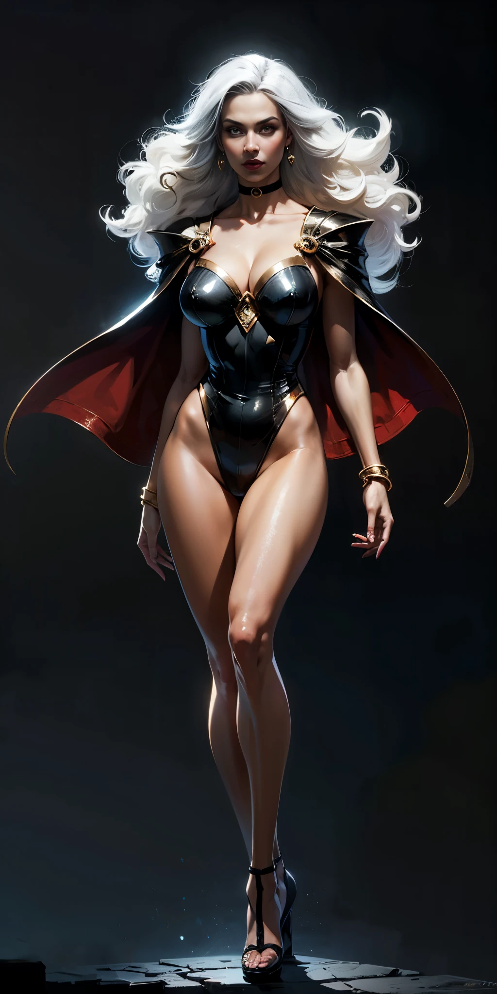 ((BLACK BACKGROUND,1:2, masterpiece)), full body MILF BIMBO standing with two long thighs and two metal sandals, red eyes, silver white hair, short bob style hair, big breasts, cleavage, snsfw, (masterpiece: 1.3), best quality: 1.4, 8k detailed unity wallpaper, high resolution, absurdities: 1.2, depth of field: 1.3, perfect lighting, cinematic shadows, highly detailed background, (super perfect head anatomy face fingers limbs arms hands legs), (super beautiful and detailed body of a wet woman, gigantic, long and sagging breasts, shiny hair, face, nose, shiny fingers, elongated eyes, skin proportion), slender: 1.5, narrow waist: 1.3, ownwaifu, long hair, white hair, big hair, curly hair, dark skin, dark skin woman, red lips, white eyes, very dark skin, lipstick, floating hair, very long hair, makeup, eyelashes, toned, jewelry, earrings, cape, bracelet, jumpsuit, gloves, superhero, choker, cool look, flying in the sky, high-tech city background, call a storm, tornado, thunder, raining, cinematic, beautiful figure, cowboy shot