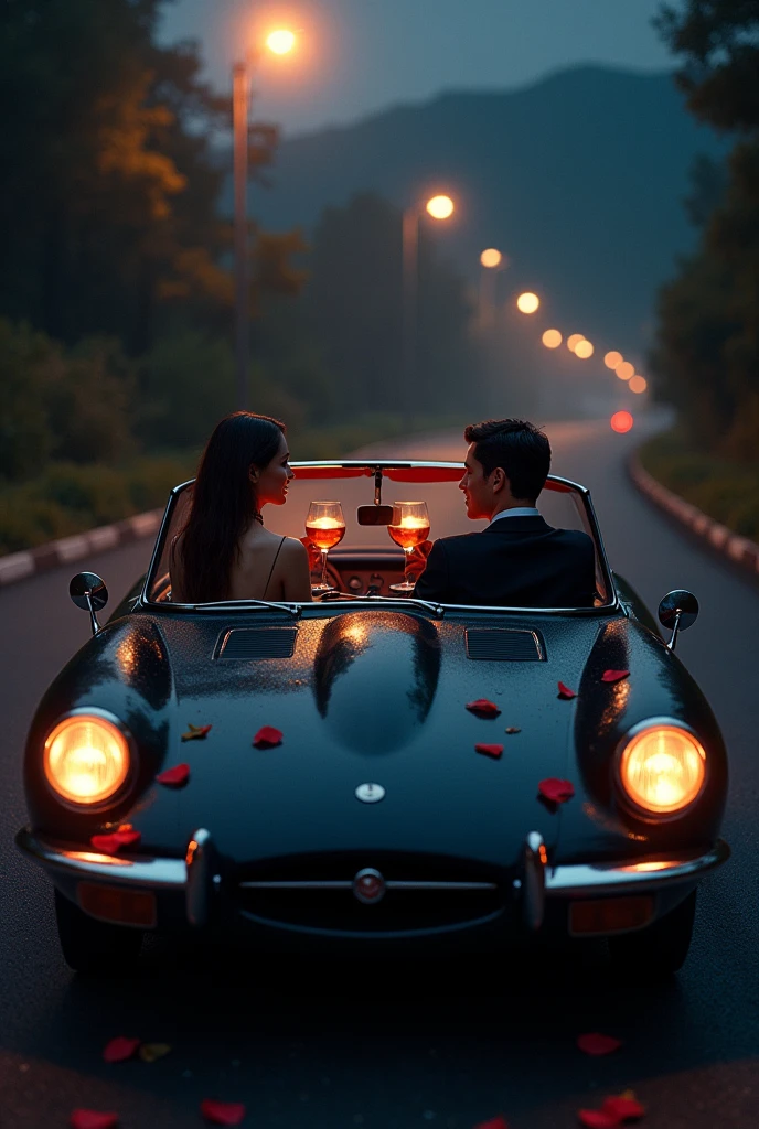 Create an image of a tinted car on a road at night, with two women in the back seat with a rose wine and a man driving
