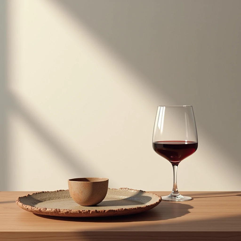 Table with a chopped angle plate and a glass of wine. Still life style