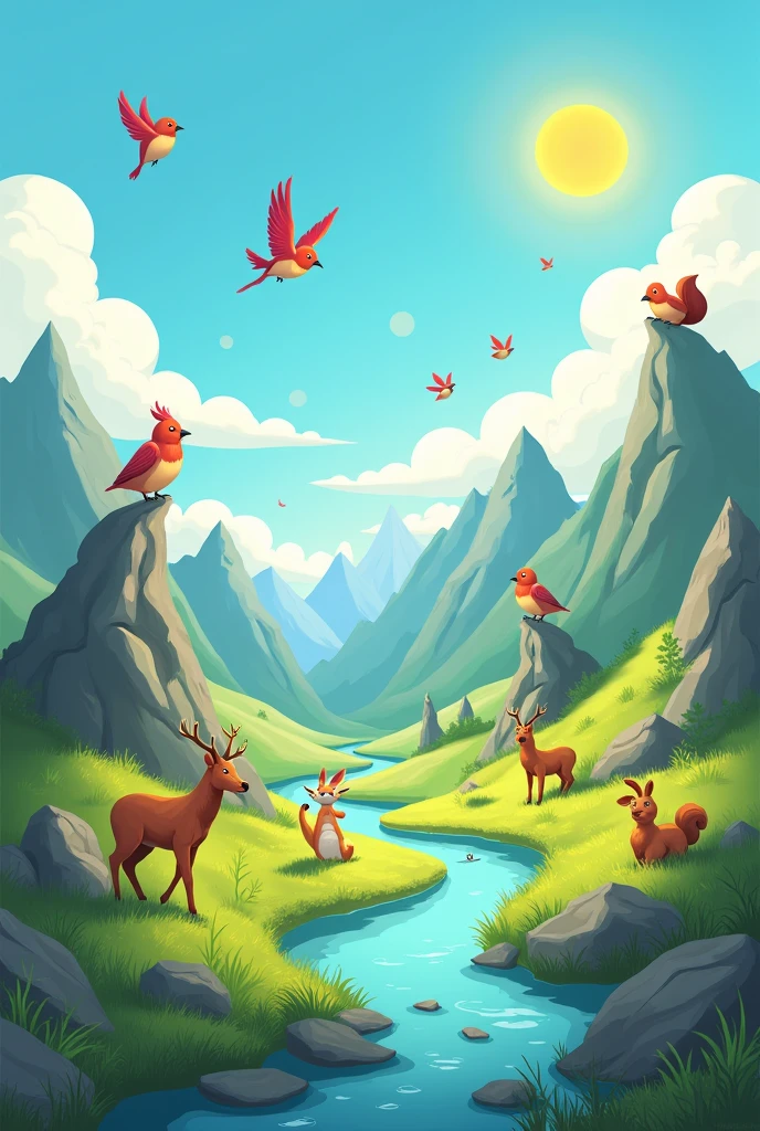 Make a drawing simulating that it was made in photoshop by a novice student, The drawings must contain the following characteristics:: sky, clouds and sun. Minimum 5 birds from different mountains, river and grass. minimum 3 animals of different shapes.