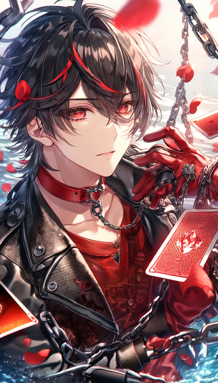 absurdres, highres, ultra detailed, HDR, master piece, Shin, messy black hair, red streaks, expressive red eyes, cropped black leather jacket, Amnesia Memories, sexy man, handsome, best quality, red blossoms, red petals, red flowers, fantasy, magical, red shining fireflies, solo, water, red shirt with black patterns, red gloves, red collar, heart of cards, chains,