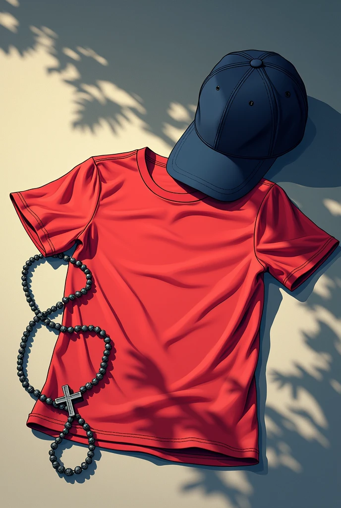 Wrinkled red t-shirt lying on the ground and next to it a baseball cap and a rosary 2d anime style very expressive and visually beautiful image