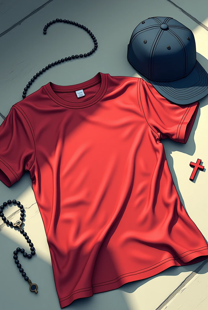 Wrinkled red t-shirt lying on the ground and next to it a baseball cap and a rosary 2d anime style very expressive and visually beautiful image