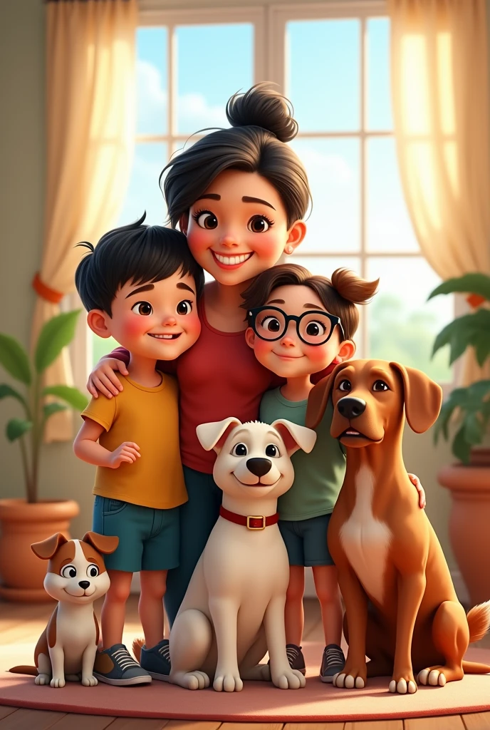 Create a 3-person family photo, a mother with her two children. Mother, 6 woman black hair, short to the shoulders, small nose, tender look brown eyes, with a chubby body. His son, 2, short brown hair, athletic, sportsman, with short beard, beautiful smile and tender brown look. His daughter is a woman, 3, Brown hair tied up in a bun and parted in the middle, pearl hoops, tender eyes and big glasses, small nose y una sonrisa tierna, chubby with body curves. This family has 3 dogs, a small white poodle puppy with light brown ears. A cheerful white medium sized Jack Russell dog with brown spots and a patch over his right eye. And the last big fat pitbull dog, light cinnamon fur. More serious but with a good face. The image must be illustrated cartoon 3d, Pixar type of Disney,