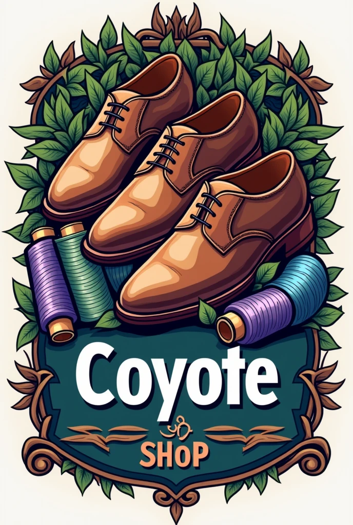 Horizontal logo that says "coyote shoe repair shop" In the background, the different types of men's shoes, sneakers and women's shoes seem to be displayed with types of sewing threads in shades of blue., purples,greens, grises