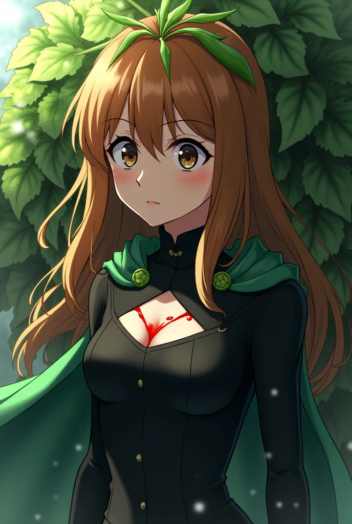 Boku no hero academia character girl cinnamon tone hair About long dark brown color,dark brown eyes,tearing up ,and using his plant power black long sleeved clothing with an opening in his chest ,a little scared,with a green cape, and protected by a monster made of plants,She is bleeding a little and realizing that she started bleeding ,Impressive since he never saw his blood