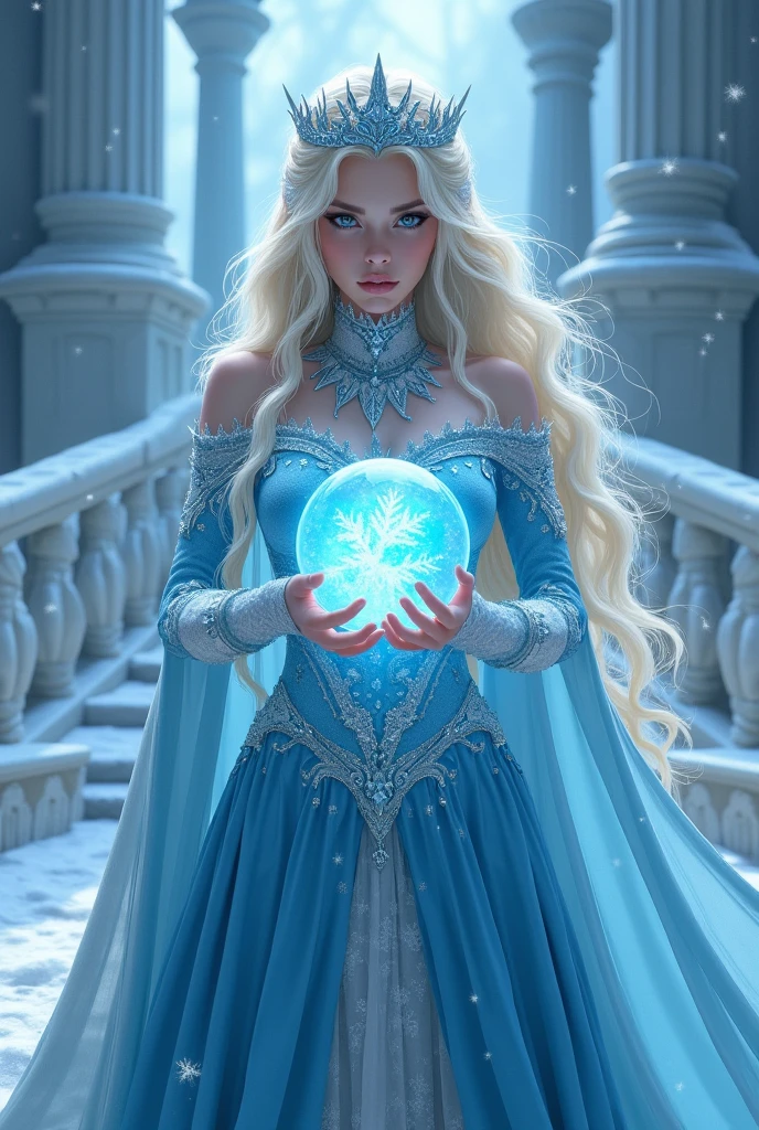 The snow queen，Ice Blue Skirt，Little Queen&#39;crown，Long blonde hair，Blue Eyes，anger，Ice palace stairs background，Holding a blue crystal ball in both hands, Unleash the Blizzard Magic,Very high resolution,Full body portrait,Upper Body,close