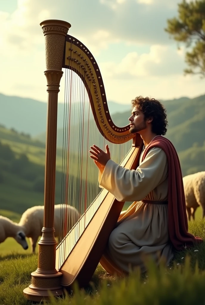 (photorealism:1.2)
Picture of young king David (Character in the Holy Bible) playing the harp worshipping God in the field, surrounded by sheeps


(Excellent detail, ultra, HD, 8k, depth of field, exquisite lightning and shadow)

(No face, just hands)