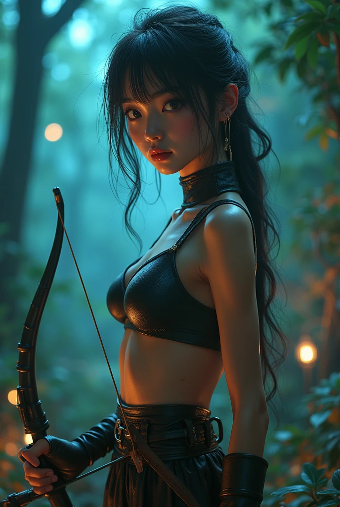 (masterpiece,best quality:1.4),(8k,raw photo,photo realistic:1.2),shiny skin,detailed skin,detailed face,detailed eyes,Detailed hands,Detailed Background、1girl,Japanese idol,(beautiful face),(Shining Eyes:1.1),、Ultimate Idol、Symmetrical eyes、、Great background、Great location、((Japanese,sexy hunter costume))、(Detailed and very cute,),Full body portrait,Mysterious glowing forest,Elf,Figure with a bow,nswf,sexy Instagram style