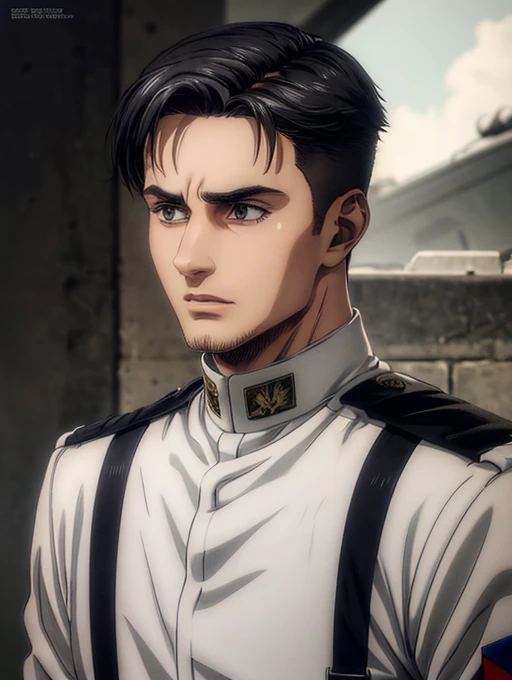 1 man, military hair black, gray eyes, White military uniform, quartel general, high resolution, Masterpiece artwork, super detaill, 