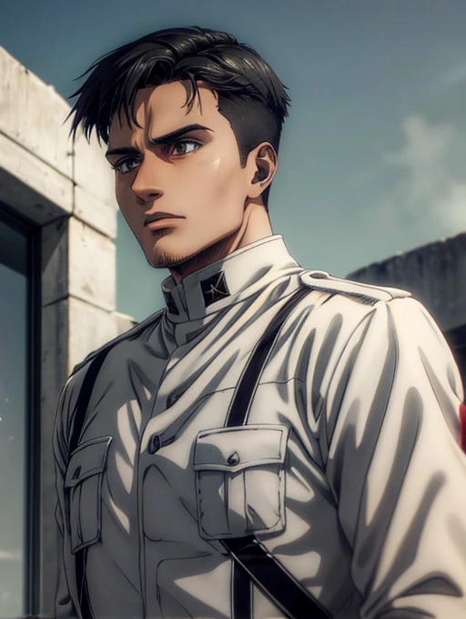 1 man, military hair black, gray eyes, White military uniform, quartel general, high resolution, Masterpiece artwork, super detaill, 