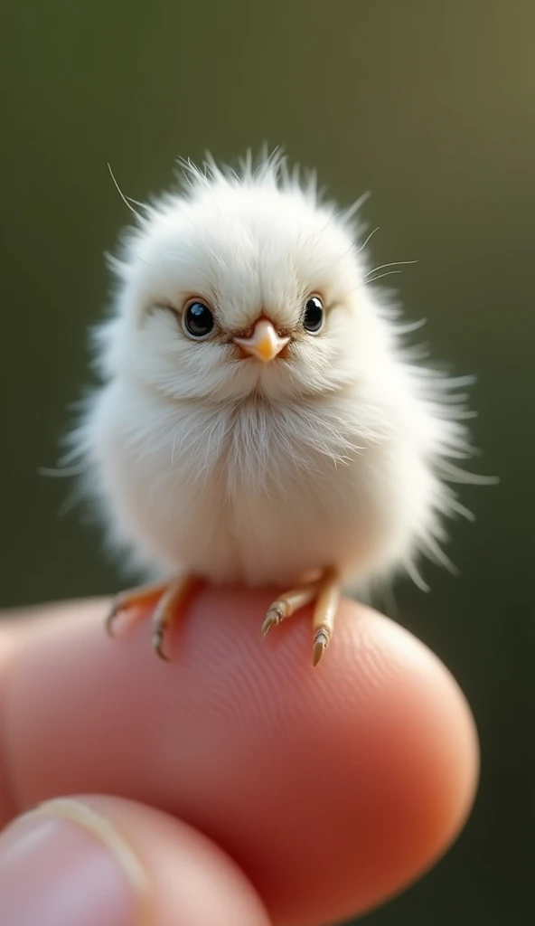 Photorealistic、8k、Micro tiny  perched on human finger [Long-tailed Tit] The whole body is pure white and fluffy.
