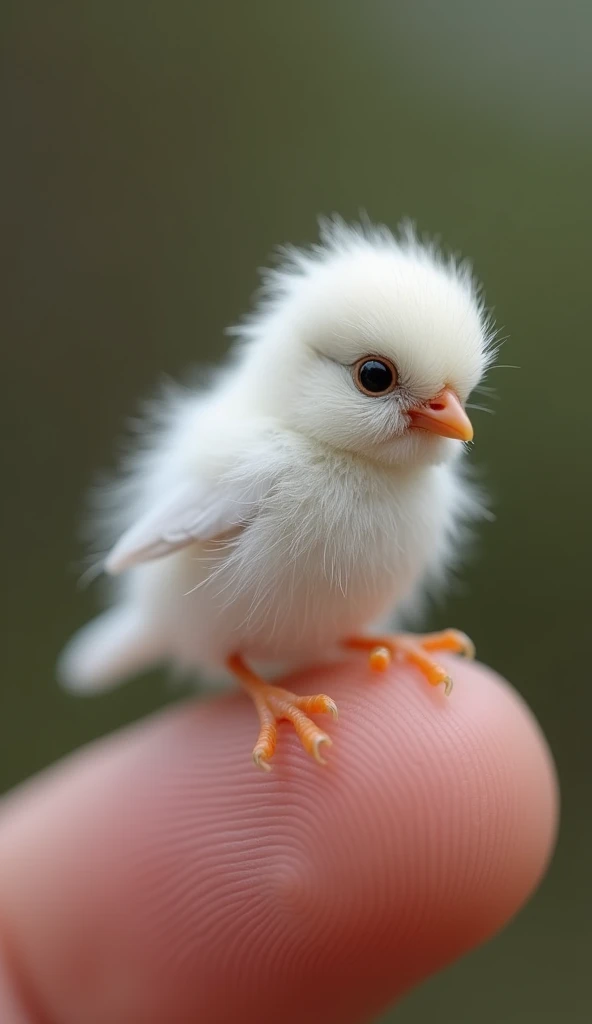 Photorealistic、8k、Micro tiny  perched on human finger [Long-tailed Tit] The whole body is pure white and fluffy.
