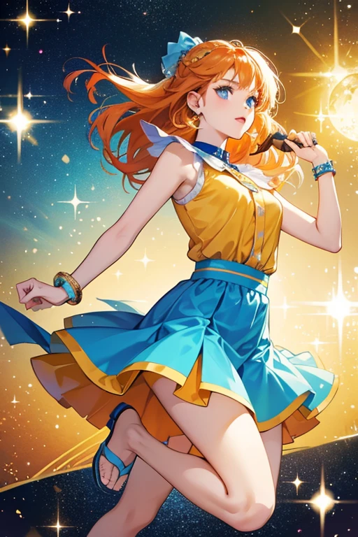 She has orange hair, blue eyes and wears a yellow sleeveless shirt with a blue skirt with white sandals SPARKLE; GLITTER