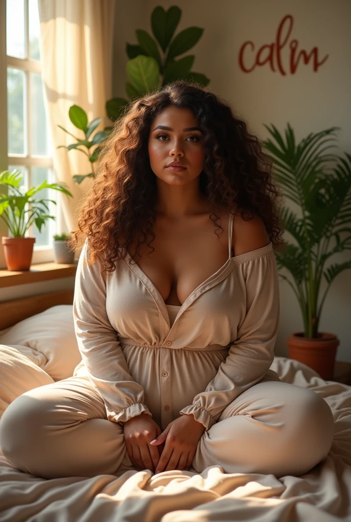 (photorealism:1.2), beautiful plus size woman, sitting on bed, wearing loose off-shoulder top, pajama pants, long brown curly hair, indoors, soft lighting, plants in background, window with sunlight, cozy room, relaxed pose, realistic, intricate details, warm colors, withe words CARM on the wall by Greg Rutkowski, by Alphonse Mucha