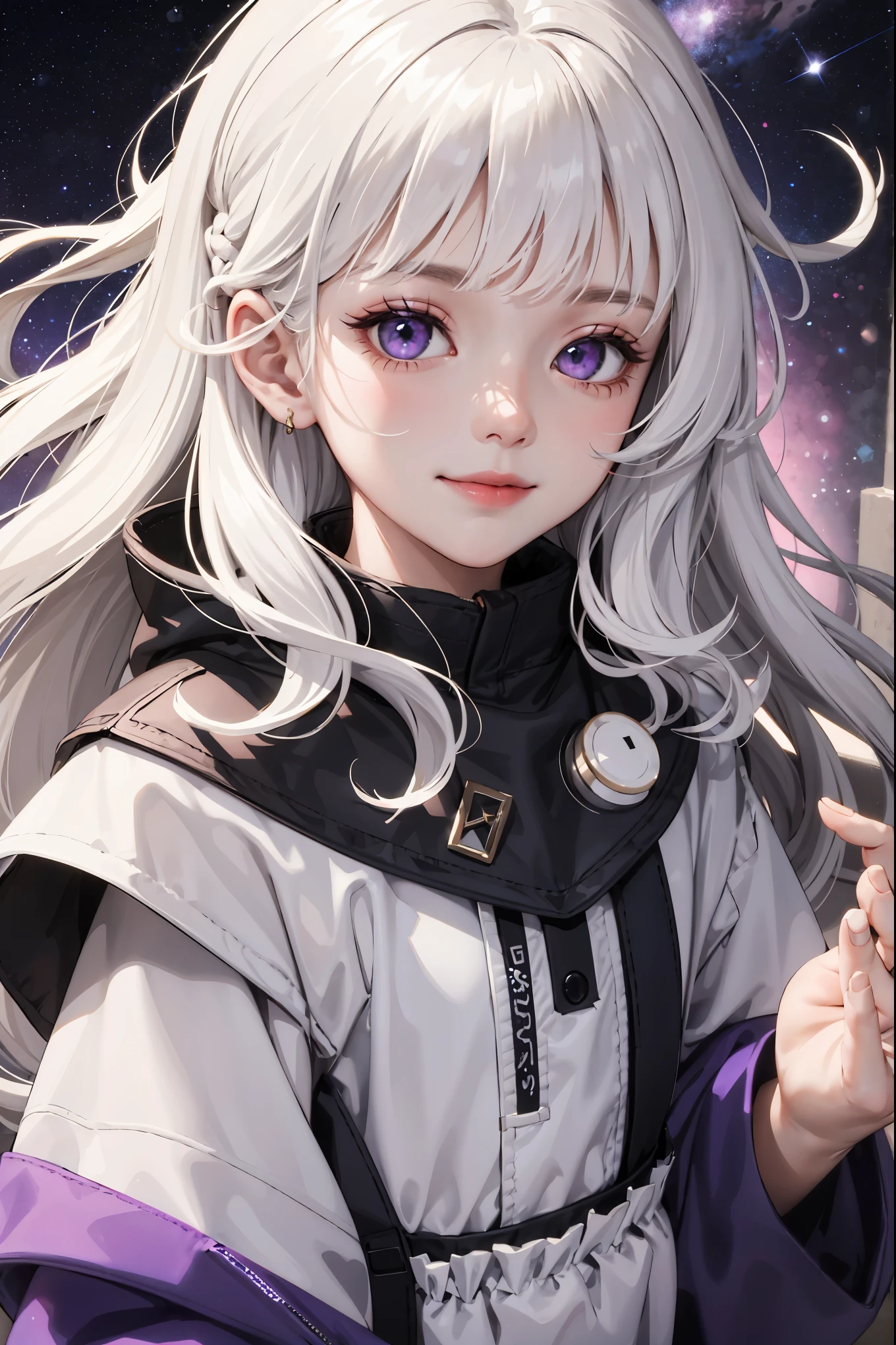 (masterpiece:1.2, best quality), (real picture, intricate details), 1kid, child, small girl, child girl, solo, upper body, space, long hair, minimal makeup, natural fabrics, close-up face, smile, long messy white hair, messy long hair, wavy white hair, wavy long messy hair, white hair, bangs, Korean bangs, bangs on forehead, purple eyes, galaxy eyes, purple sparkling eyes, fancy clothing, fancy oversized clothing, long sleeves, clothing galaxy themed, galaxy imprinted oversized, child, ???, small, tiny, purple eyes, star universe eyes