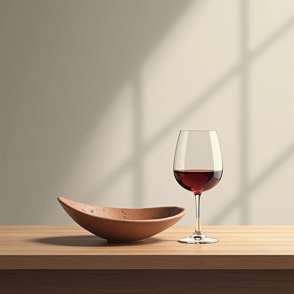 Table with a chopped angle plate and a glass of wine. Still life style