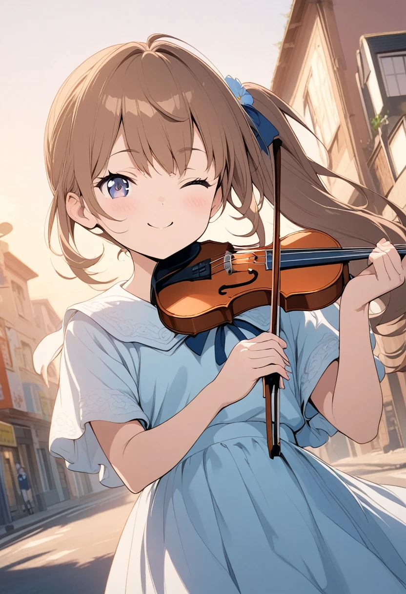 1girl,10yo,brown hair,black eyes, (red round eyewear), side ponytail,smile, blushful, anime style, super fine illustration, highly detailed, dynamic angle, beautiful detailed, 8k, On a summer evening, a Elementary school girl is practicing violin on town of tokyo. BREAK She has her eyes closed, with a dreamy expression on her face. BREAK Her hair flows gracefully in the wind as the soft light of the sunset envelops her