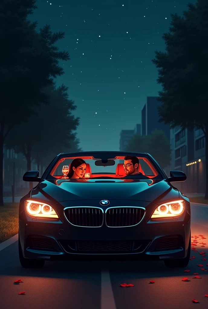 Create an image of a tinted BMW on a road at night, with two women in the back seat with a rose wine and a man driving 
