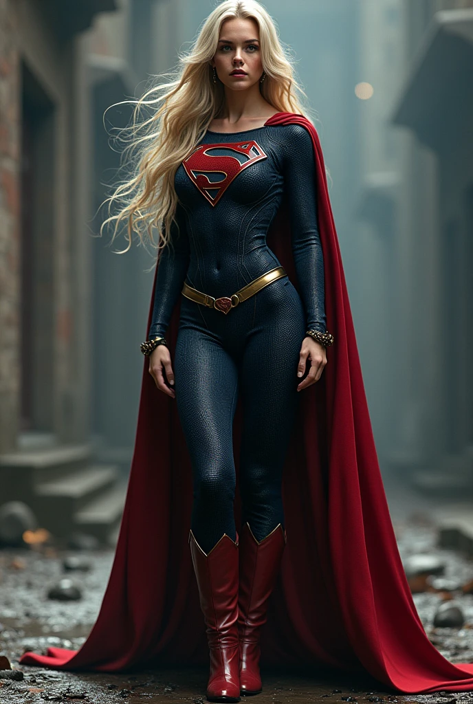 (((Spiderman symbiote fusion Supergirl))),(((A beautiful woman with long blonde hair under the mantle of the Kryptonian Kara zor-El aka Supergirl))),(((Supergirl's emblem logo))),(((Corset azul celeste))),(((Long red boots up to her knees))),(((With Symbiote skin running all over his skin))) Black metal bracelets))),(((Simbionte Spiderman))),(((Supergirl emblem on her chest)))