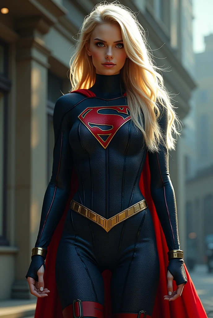 (((Spiderman symbiote fusion Supergirl))),(((A beautiful woman with long blonde hair under the mantle of the Kryptonian Kara zor-El aka Supergirl))),(((Supergirl&#39;s emblem logo))),(((Corset azul celeste))),(((Long red boots up to her knees))),(((With Symbiote skin running all over his skin))) Black metal bracelets))),(((Simbionte Spiderman))),(((Supergirl emblem on her chest)))