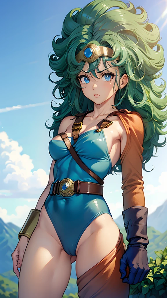 (((SFW、sound、Highest quality、Top notch work、Normal body、8k、Detailed face、Ultra-precision、normal hand、Refer、5refer、Highest)))、beautiful girl、Green Hair、yamato nadeshiko、((Small breasts、Shortcuts、Blue leotard、muscular、Red Cape、Circlet))、(((Sexy pose)))、Female Heroes、 Fight、Fight is ready、((Perfectly executed:Description of the whole body,Standing posture,Draw the details well、There is no anatomical problem))、grassland