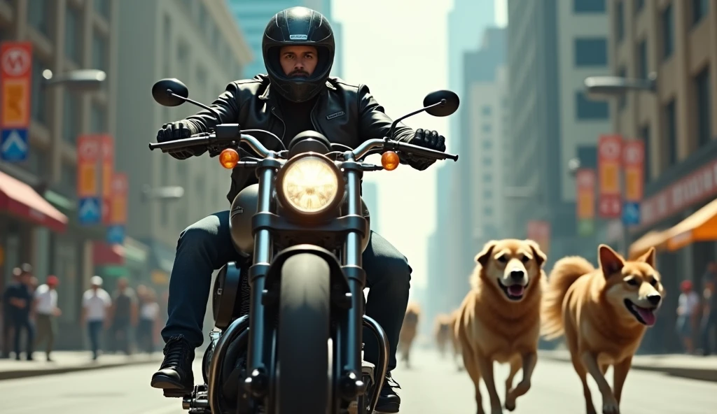 in the city, on a street, man, riding a motorcycle, dogs, going after the motorcycle, cinematic, realistic, 4k